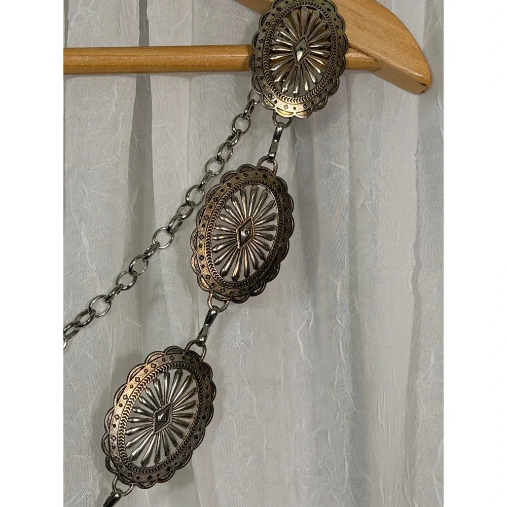 Vintage Silver Tone Oval Concho Chain Belt Burnished Sunburst Western Boho 48in